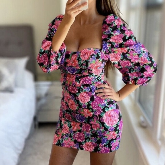 Zara Pink Floral Heart Neckline Puff Sleeve Belted Romantic Mini Dress NWT - Picture 3 of 16